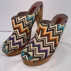 Missoni Multicolor Chevron Knit Fabric Wood Platform PEEP TOE Clogs Size 38 Rare